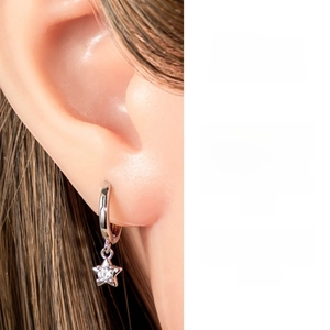 Gros plan de boucles d'oreilles étoile en argent avec zircons sur une oreille