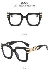 Detailed views of black oversized sunglasses featuring vintage gold chain metal temples