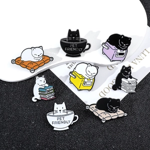 Detailed close-up of cute cartoon cat enamel pins on a display board with cat lovers theme