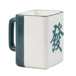 Creative square mahjong ceramic mug with green handle and Chinese character Fa design