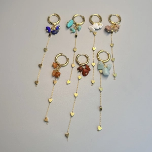 Bohemian stainless steel hoop earrings with natural stone chips and heart charms set