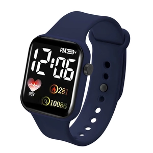 Detail view of a navy blue digital watch with heart rate and step counter display