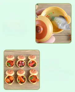 Détails macro de miniatures de riz en pot en résine avec des plats chinois réalistes