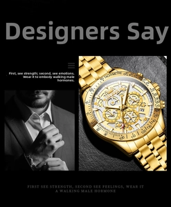 Detailed close-up of OLEVS men's gold chronograph watch with triple dial and date window