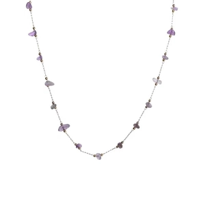 Collier en acier titane plaqué or 18K avec cristaux violets et perles dorées