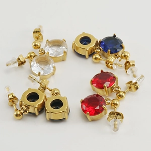 Three pairs of 18K gold-plated stainless steel earrings with red, blue, and clear crystals