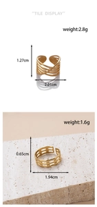 Detail view of two gold stainless steel rings with precise dimensions and weight