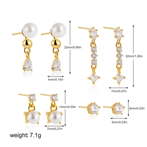 Detail view of 18K gold plated earring set with pearls and zircons showing precise dimensions