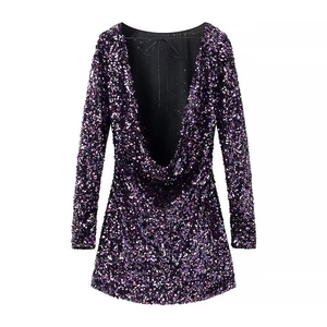 Funkelndes tiefviolettes Pailletten-Langarmkleid mit tiefem V-Ausschnitt für Abendpartys