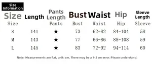 Detailed size guide table for long sleeve deep V-neck jumpsuit with accurate measurements