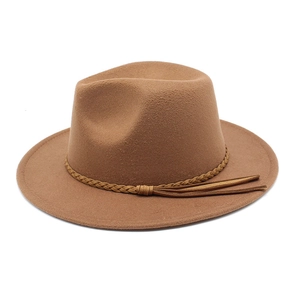 Classic camel wool fedora hat with a woven decorative band and stylish tassels