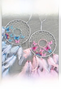 Detail of hand-knitted dreamcatcher with delicate butterflies and soft feathers
