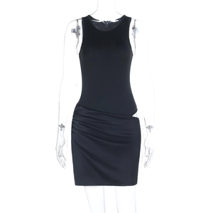 Detailed view of the sleek black sleeveless mini dress with cut-out satin finish fabric