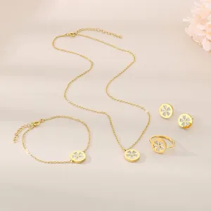 Stainless Steel Rhinestone Flower Necklace Bracelet Ring Earrings Jewelry Set Shell-look Floral Pendant For Women Wedding Party
