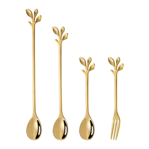 Polished gold stainless steel leaf shaped spoon and fork set for coffee and dessert