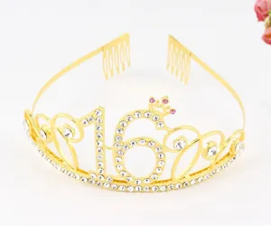 Detailed view of number 16 birthday crown with sparkling rhinestones and gold alloy hair combs