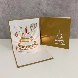 3D pop-up birthday card with golden cover and three-tier cake structure with music