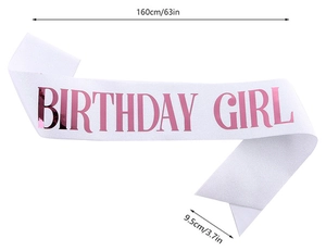Detailed view of white satin Birthday Girl sash showing dimensions 160cm x 9.5cm