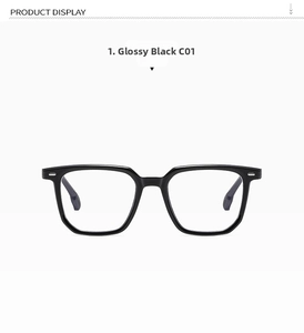 Front detail of classic bright black square full-rim eyeglass frames with glossy finish