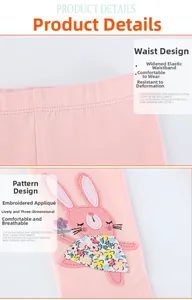 Detail of pink cotton leggings showing elastic waistband and rabbit applique embroidery