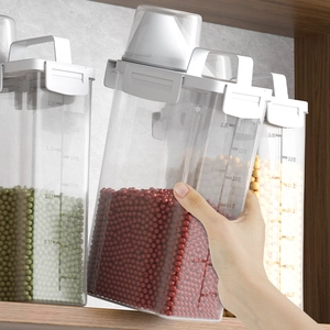 Airtight Grain Storage Container Clear Plastic Kitchen Dispenser With Measuring Cup Lid And Handle Scaled Moisture Proof
