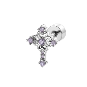 Silver cross stud earring with micro-pave purple zircon and secure screw back design
