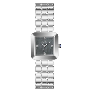 Silver square watch for women with grey marble dial and unique geometric link bracelet