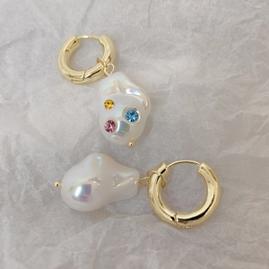 Baroque irregular pearl drop earrings with gold hoops and colorful rhinestones