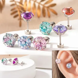 Firework Cut Cubic Zirconia Stud Earrings Gradient Titanium Steel Screw Back Cartilage Piercing Jewelry For Women