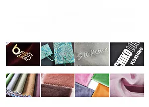 Detail showing plush velvet fabrics with gold foil, embroidery, and embossed logo options