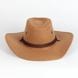 Cappello Da Cowboy Occidentale Ecopelle Poliestere Feltro Tesa Larga Fascia Intrecciata Sottogola Regolabile Unisex