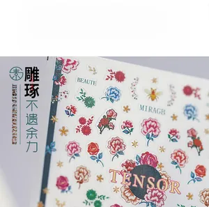 Detailed view of floral nail art stickers featuring colorful roses and bee patterns
