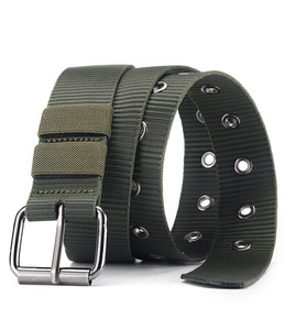 Detail of army green nylon belt with durable metal buckle and double-row eyelets