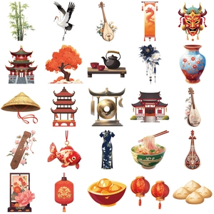 Detailed sheet of 25 Chinese style journal stickers featuring bamboo, cranes, and lanterns