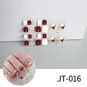 Detail view of JT-016 burgundy and silver 3D toenail stickers with butterfly design