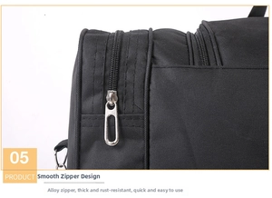 Detail of smooth silver alloy double zipper on waterproof black nylon travel bag