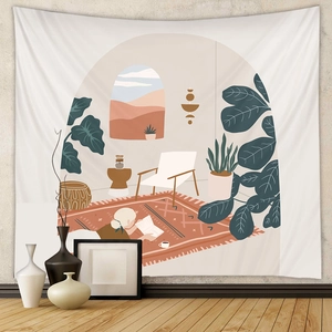 Detail of bohemian tapestry featuring abstract indoor reading scene and desert view landscape