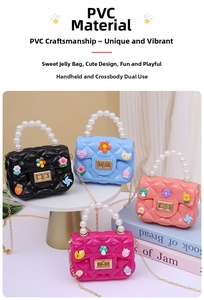 Detailed view of mini jelly bags in four colors with pearl handles and gold chains