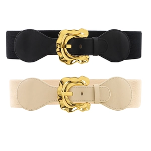 Close-up of black and beige elastic waist belts with irregular gold metal buckles