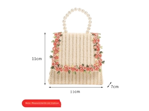 Detailed size view of a mini straw bag with floral embroidery and pearl handle, 11x11x7cm
