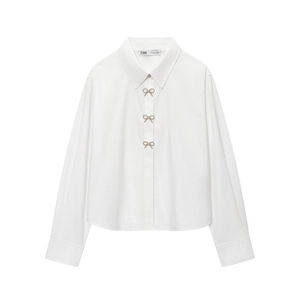 Camicetta Bianca Elegante Da Donna Camicia In Popeline A Maniche Lunghe Botoni Con Fiocco Di Strass Risvolto Top Moda