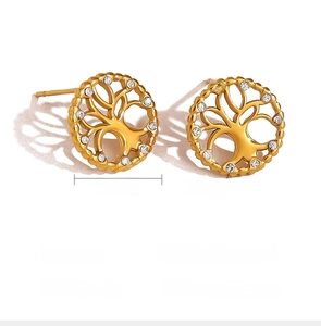 Detail specifications of golden tree of life earrings with PVD 18K gold and crystals