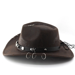 Detail of brown cowboy hat featuring silver skull studs, rivets and metal rings