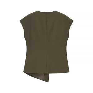 Deep olive green sleeveless top with asymmetrical hem design on a clean white background