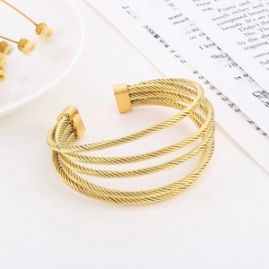 Multilayer gold stainless steel C-shaped braided wire open cuff bracelet for women