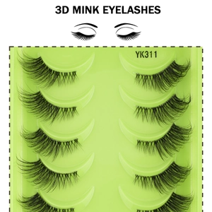 Close-up of 5 pairs of YK311 natural 3D mink half eyelashes on a green display tray