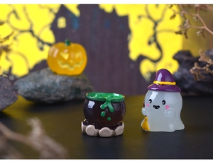 Luminous miniature Halloween resin figures including pumpkin, witch pot and ghost