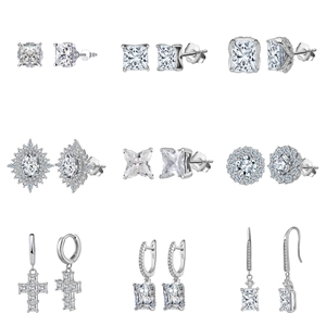 Set of nine S925 sterling silver stud earrings with sparkling 8A clear cubic zirconia