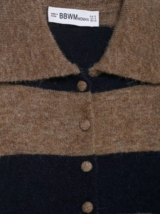 Detail of knit polo shirt collar with brown stripes and texture and brand label