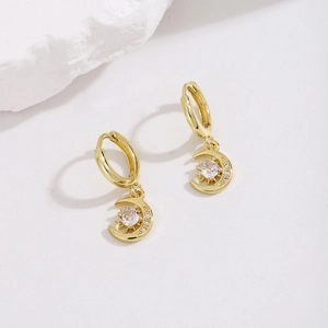 Elegant gold celestial moon and star hoop earrings with sparkling crystal rhinestones